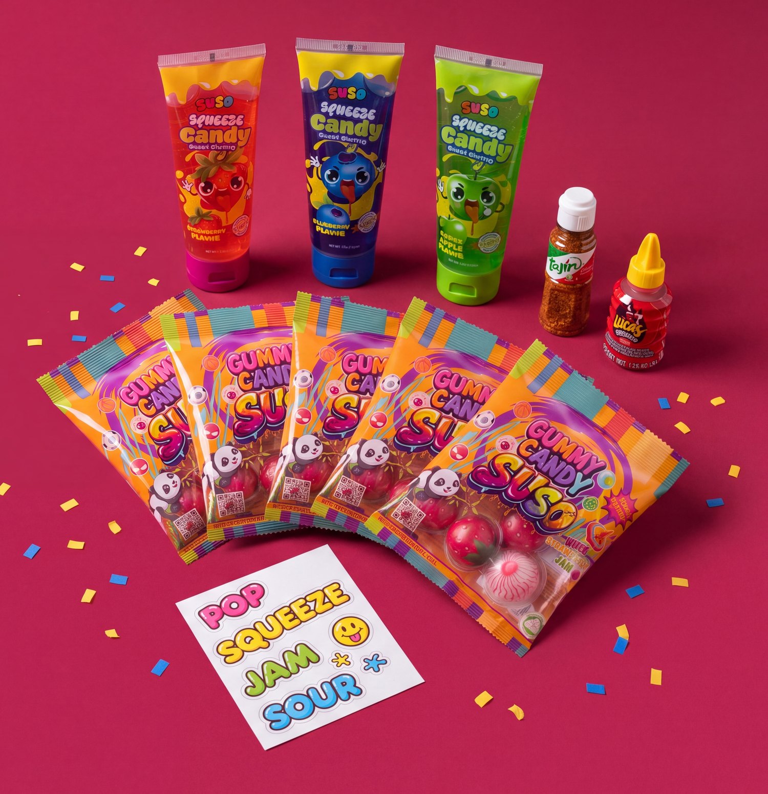 The First Squeeze Box: five gummy pouches, three squeeze tubes, chamoy and seasoning minis, and the sticker sheet