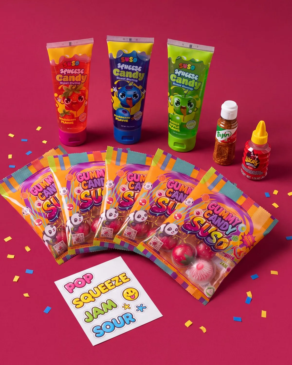The First Squeeze Box: gummy pouches, squeeze tubes, chamoy minis and stickers