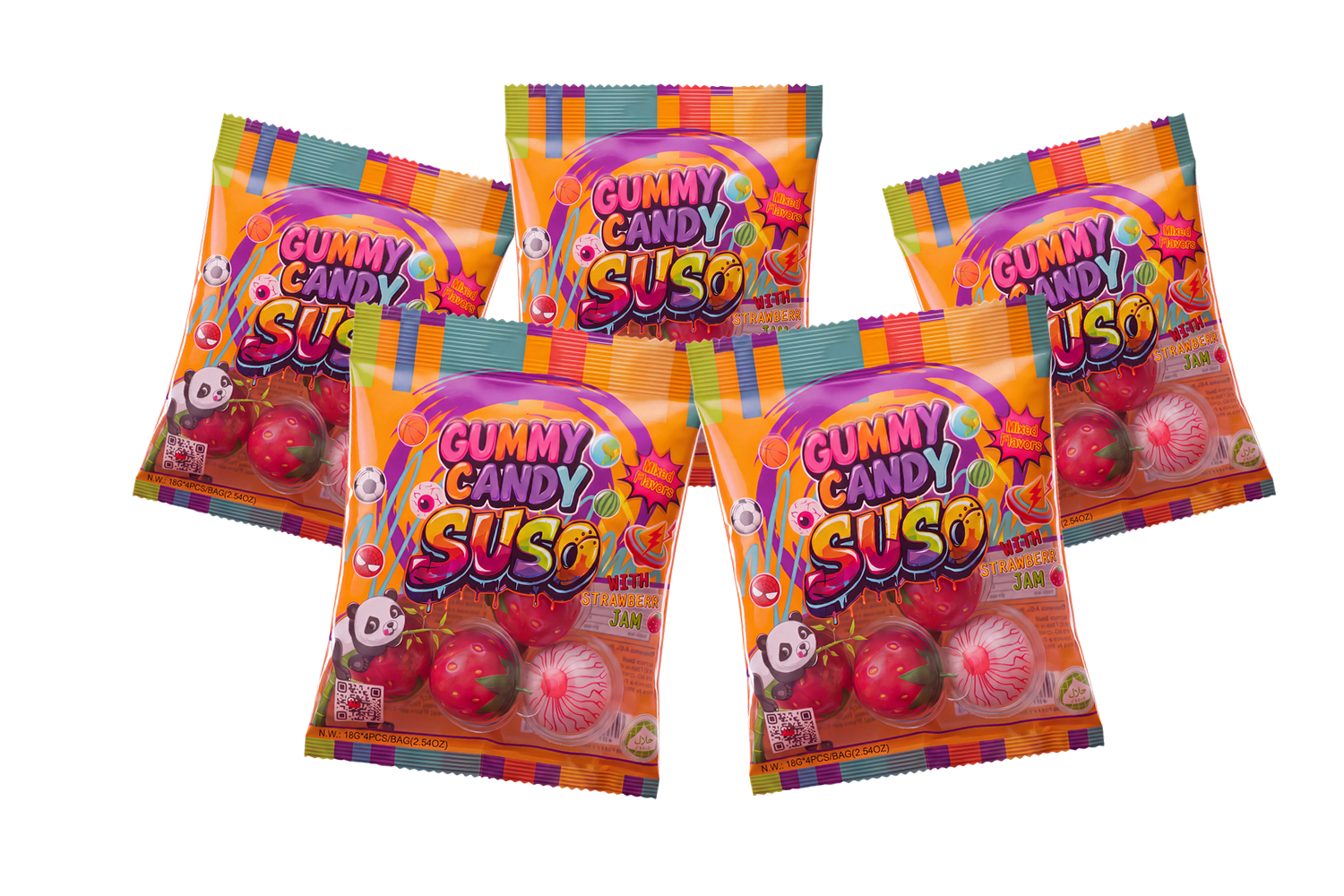Five SUSO Gummy Candy pouches fanned out