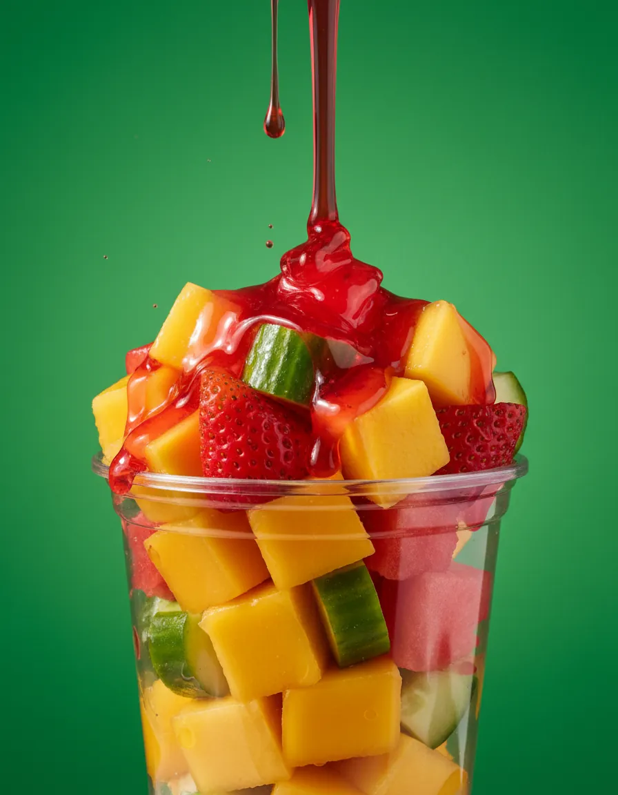 Fruit cup drizzled with red squeeze candy