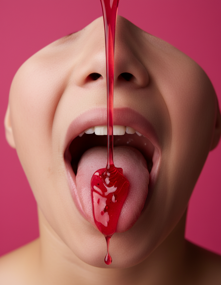 Red squeeze candy stream landing on a tongue