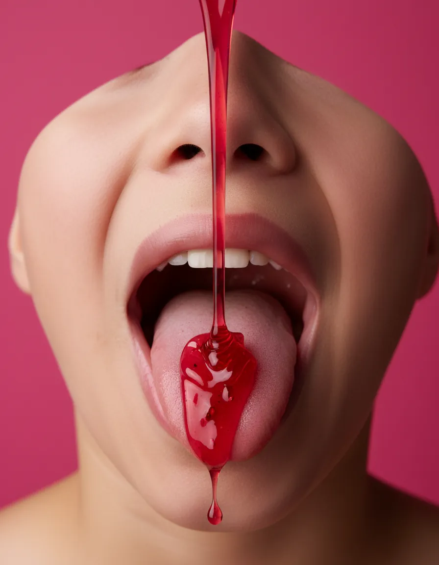 Red squeeze candy stream landing on a tongue